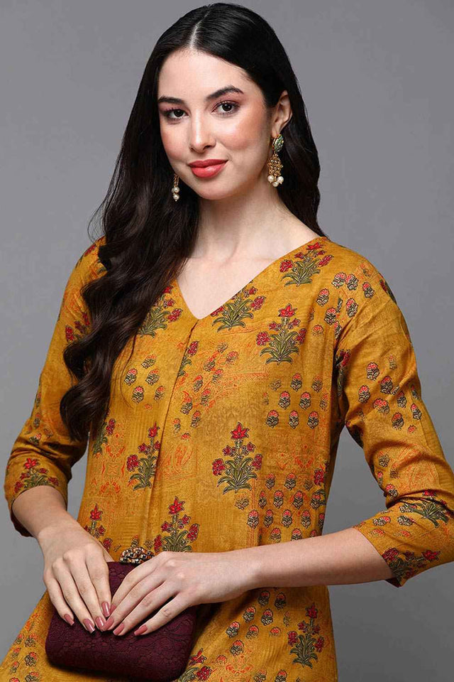 Yellow Cotton Floral Straight Kurti