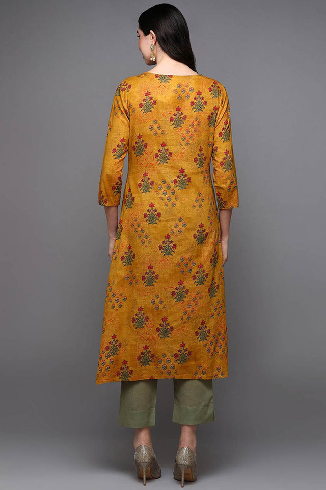 Yellow Cotton Floral Straight Kurti
