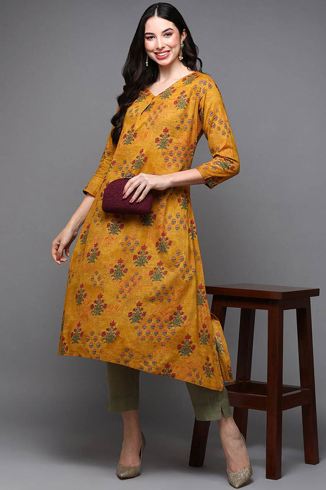 Yellow Cotton Floral Straight Kurti