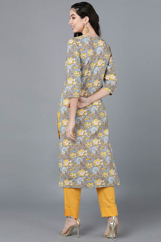 Grey Cotton Round Neck Kurti