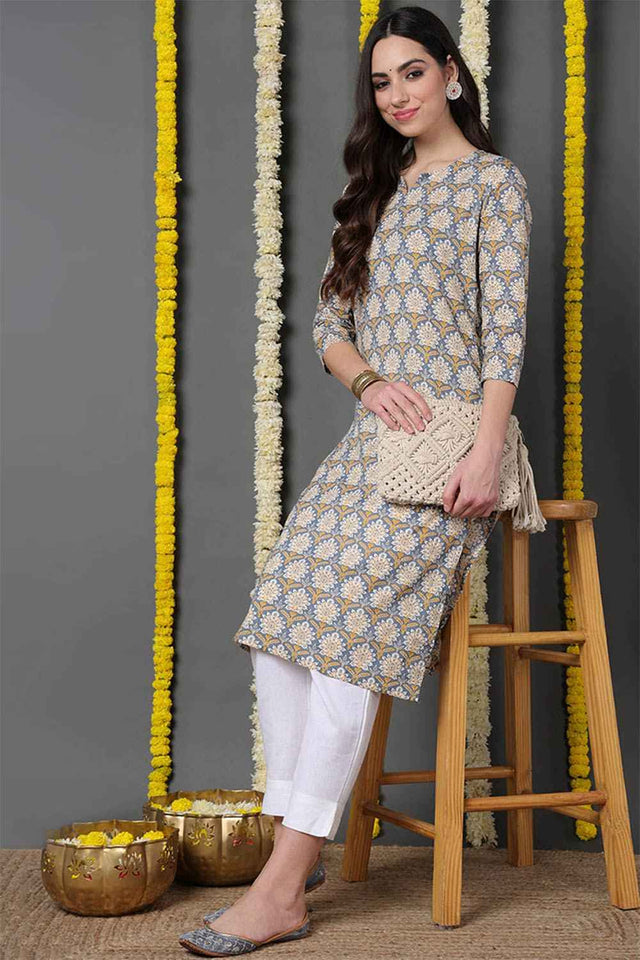 Blue Cotton Printed Straight Kurti