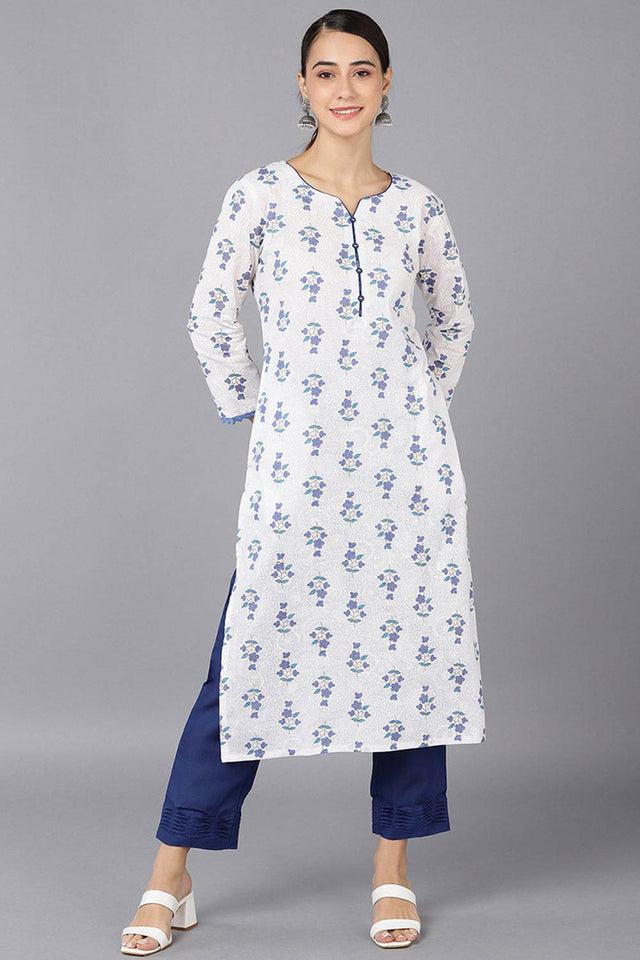 White Cotton Round Neck Kurti