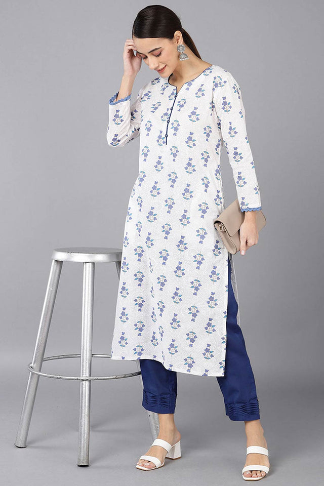 White Cotton Round Neck Kurti