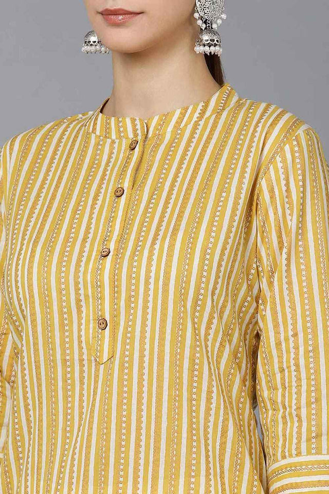 Yellow Cotton Mandarin Collar Kurti