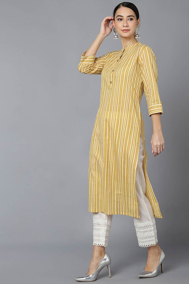 Yellow Cotton Mandarin Collar Kurti