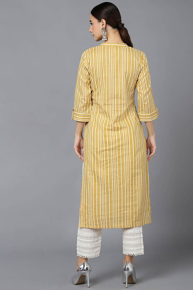 Yellow Cotton Mandarin Collar Kurti