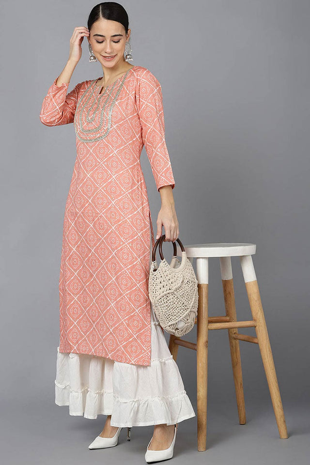 Pink Rayon Round Neck Kurti