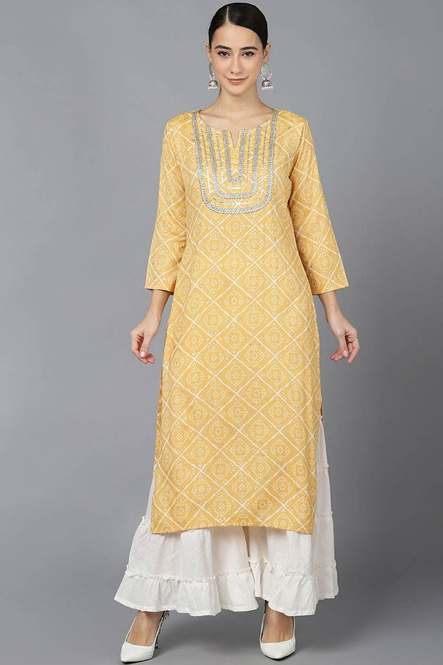 Yellow Rayon Round Neck Kurti