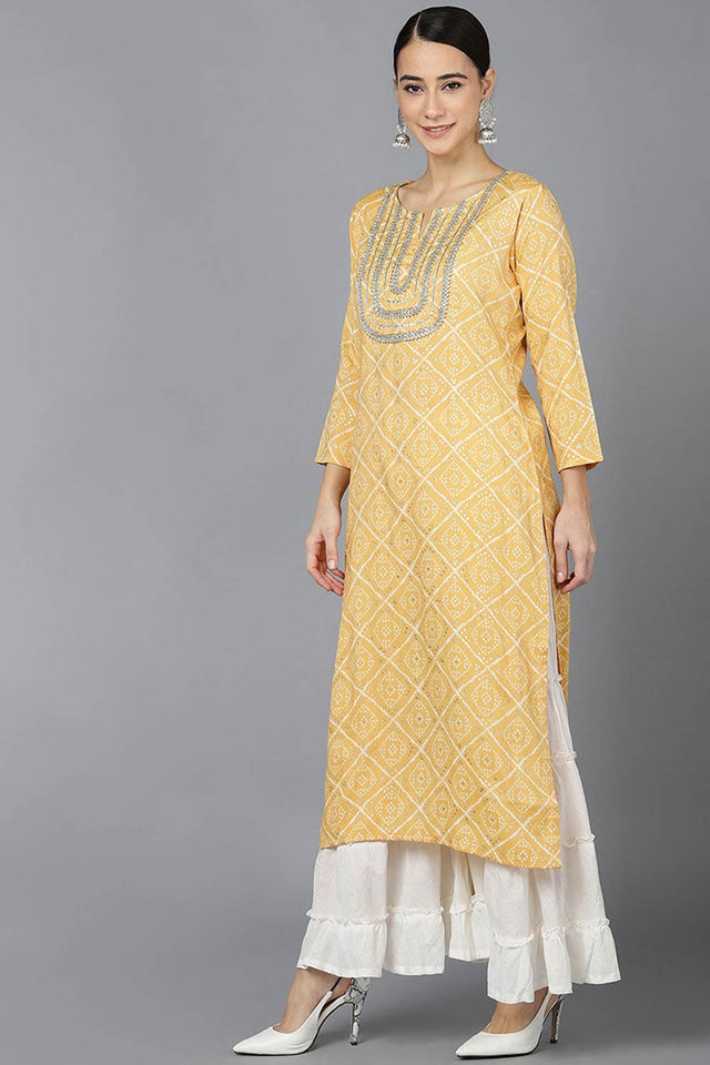 Yellow Rayon Round Neck Kurti