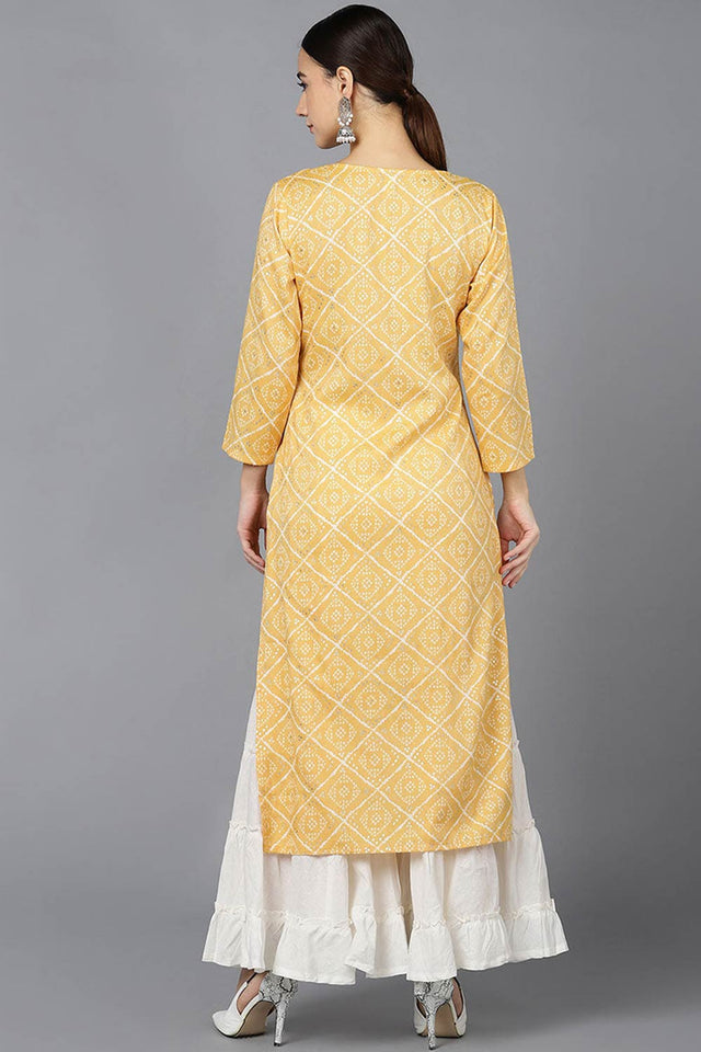 Yellow Rayon Round Neck Kurti
