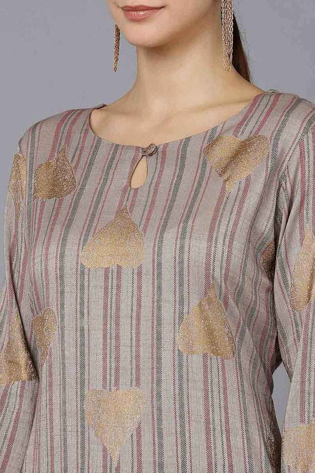 Grey Cotton Keyhole Neck Kurti