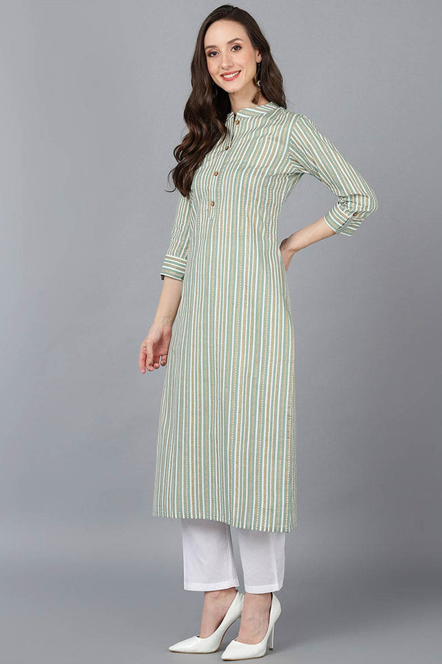 Green Cotton Mandarin Collar Kurti