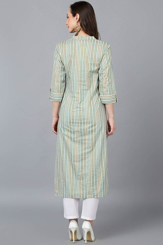 Green Cotton Mandarin Collar Kurti