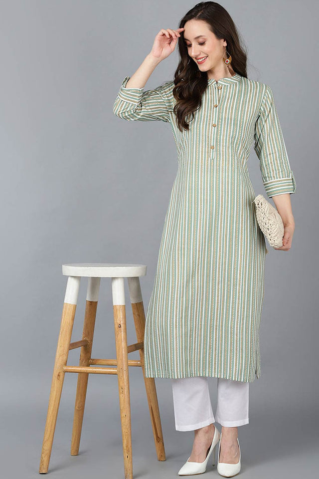 Green Cotton Mandarin Collar Kurti