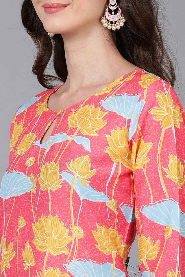 Pink Polysilk Floral Print Round Neck Kurti
