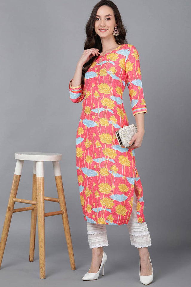Pink Polysilk Floral Print Round Neck Kurti
