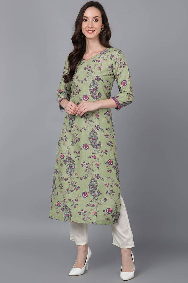 Green Polysilk Floral Straight Kurti