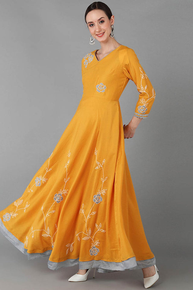 Yellow Silk Blend V Neck Kurti