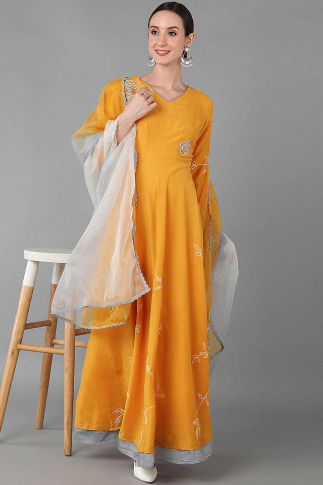 Yellow Silk Blend V Neck Kurti