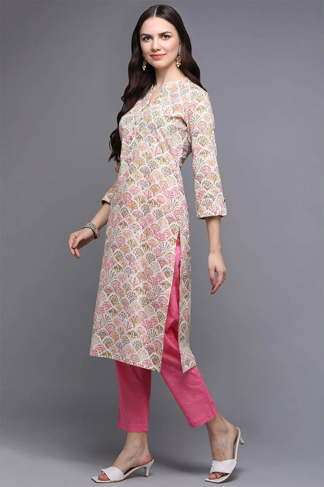 Beige Cotton Printed Straight Kurti