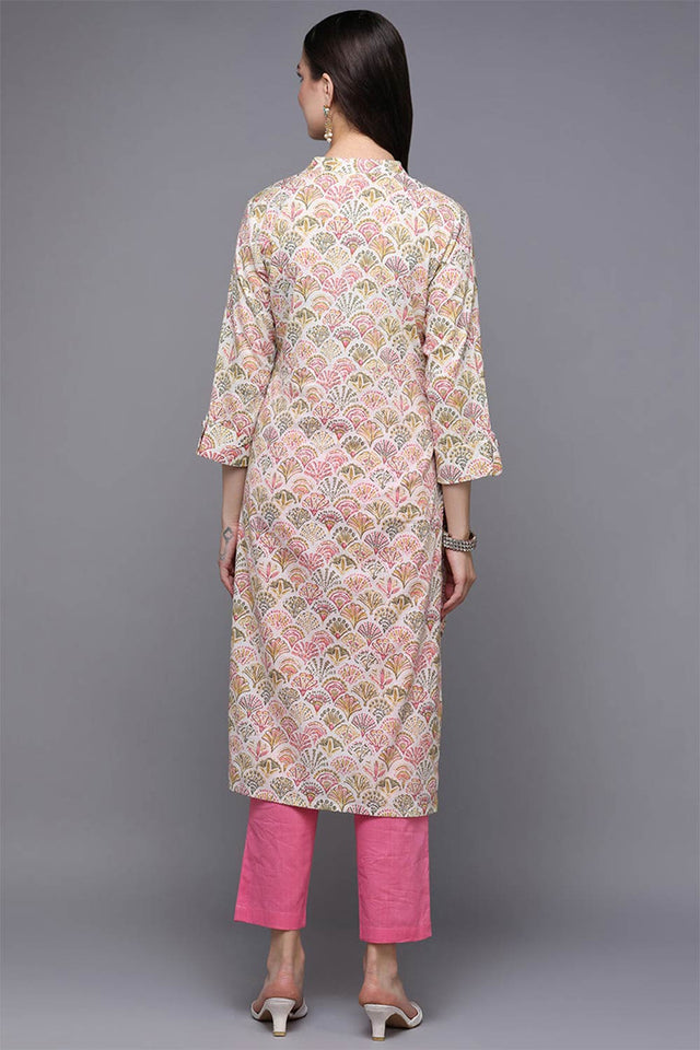 Beige Cotton Printed Straight Kurti
