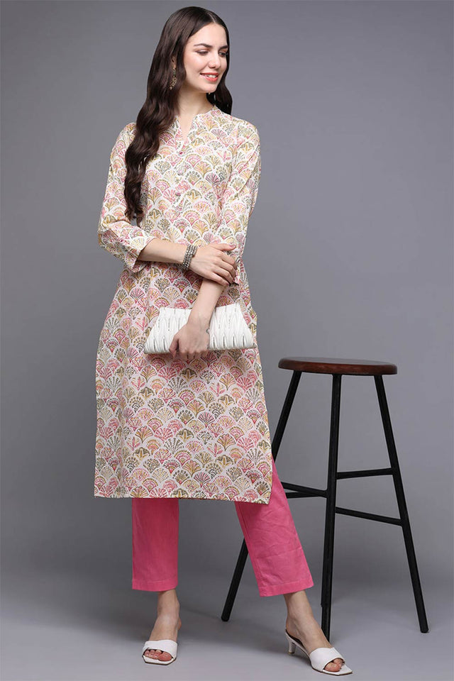 Beige Cotton Printed Straight Kurti