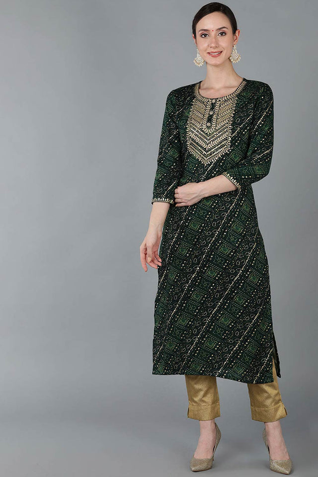Green Rayon Round Neck Kurti