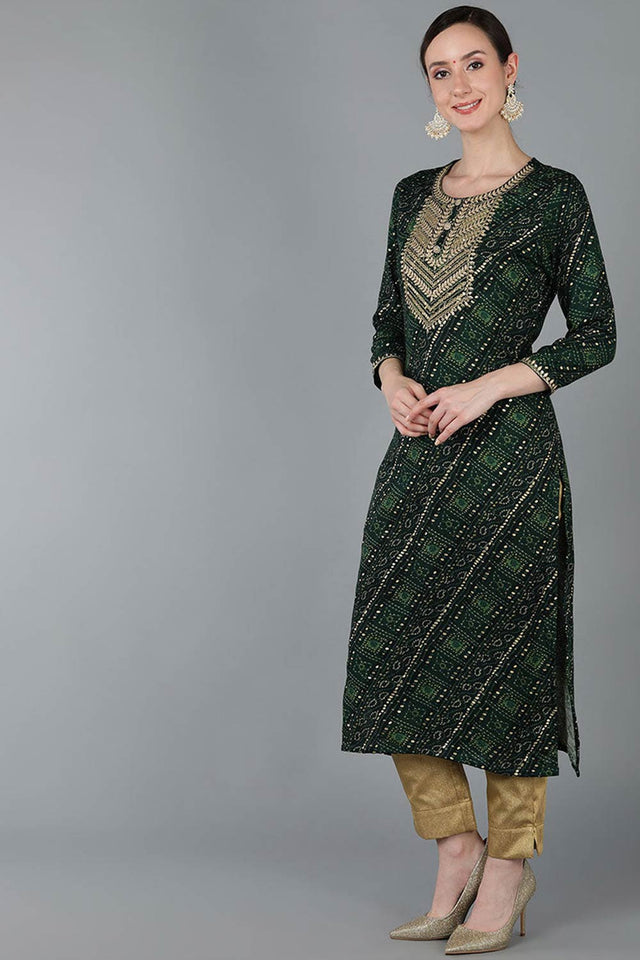 Green Rayon Round Neck Kurti