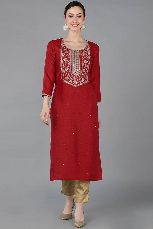 Red Chanderi Solid Straight Kurti