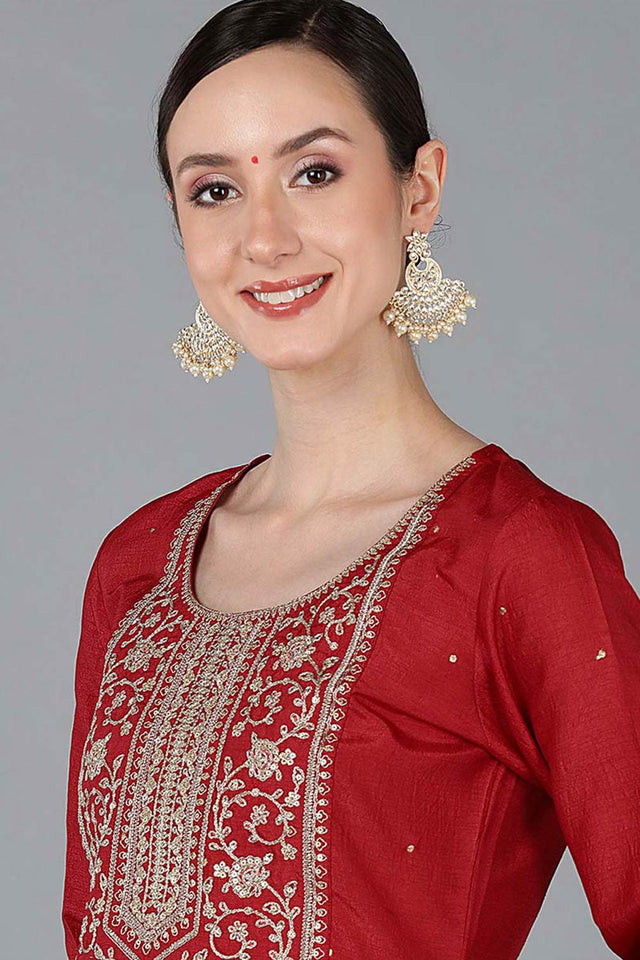 Red Chanderi Solid Straight Kurti