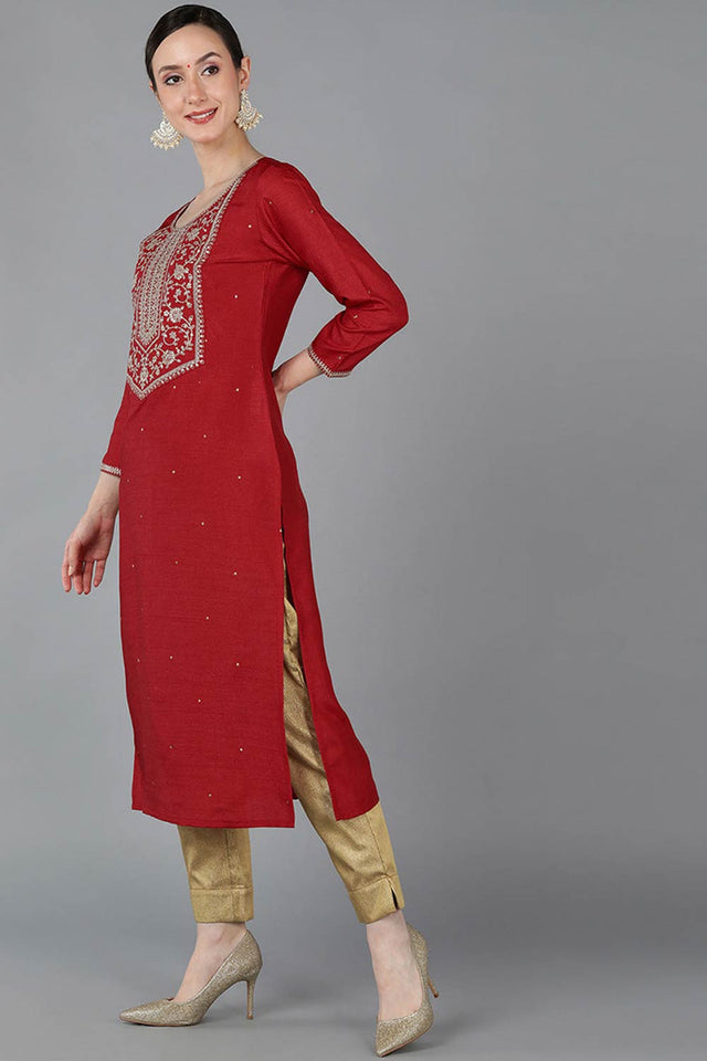 Red Chanderi Solid Straight Kurti
