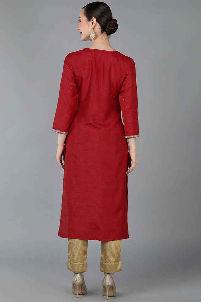 Red Chanderi Solid Straight Kurti
