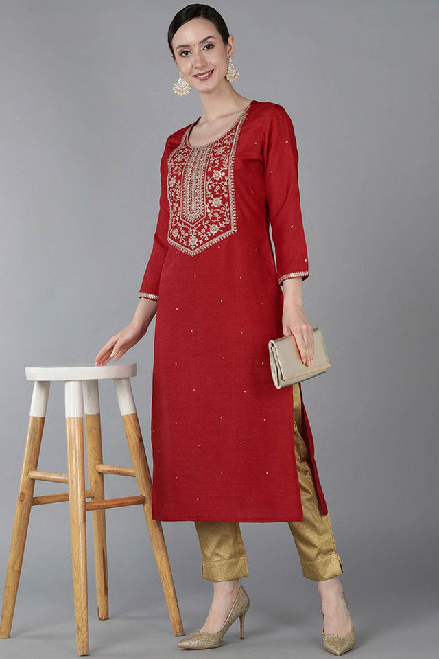 Red Chanderi Solid Straight Kurti