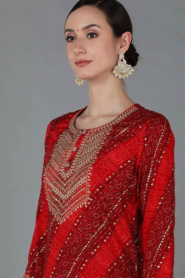 Red Rayon Round Neck Kurti