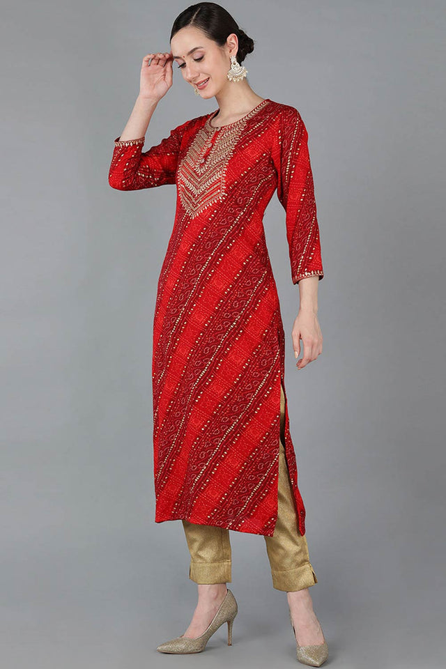 Red Rayon Round Neck Kurti