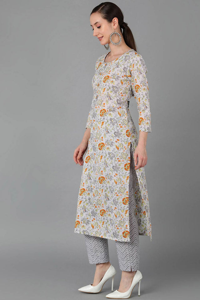 Grey Cotton Round Neck Kurti