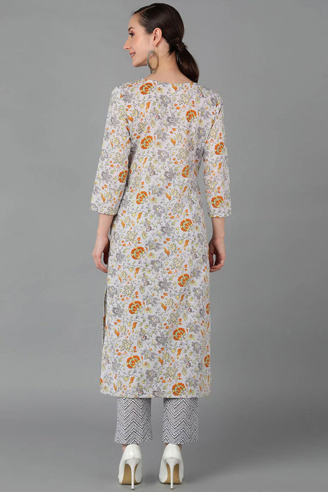 Grey Cotton Round Neck Kurti