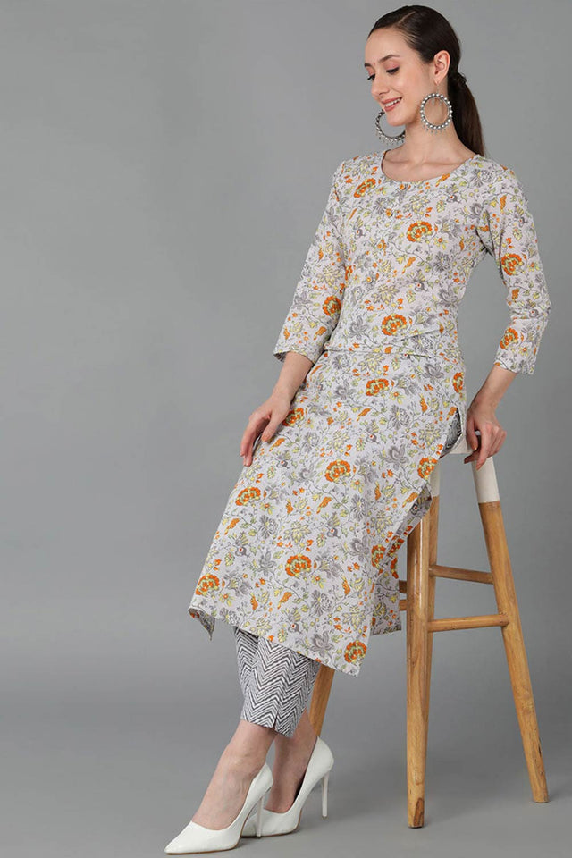Grey Cotton Round Neck Kurti