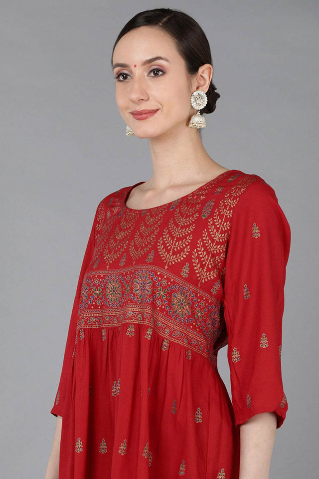 Red Rayon Floral Print Round Neck Kurti