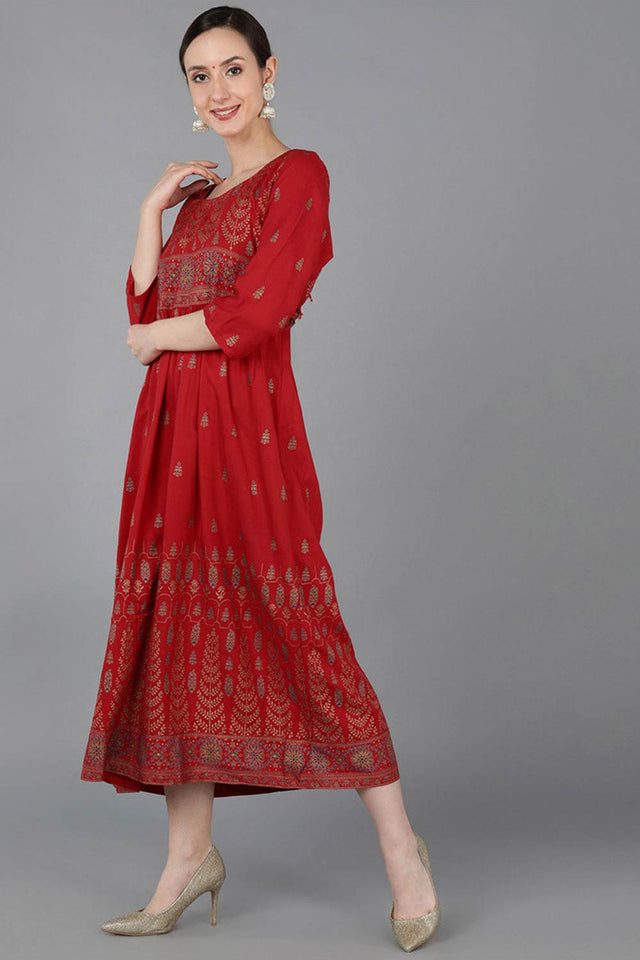 Red Rayon Floral Print Round Neck Kurti