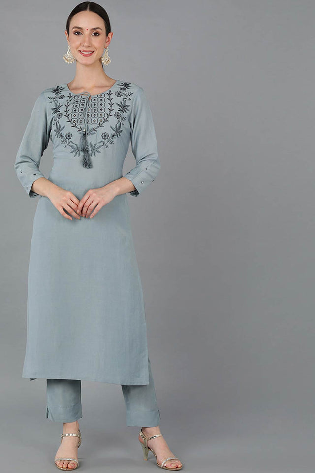 Blue Silk Blend Solid Straight Kurti