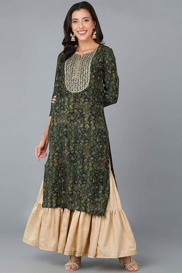 Green Silk Blend Floral Print Round Neck Kurti