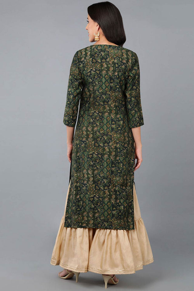 Green Silk Blend Floral Print Round Neck Kurti