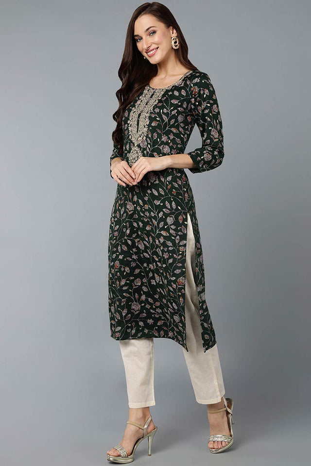 Green Silk Blend Floral Straight Kurti