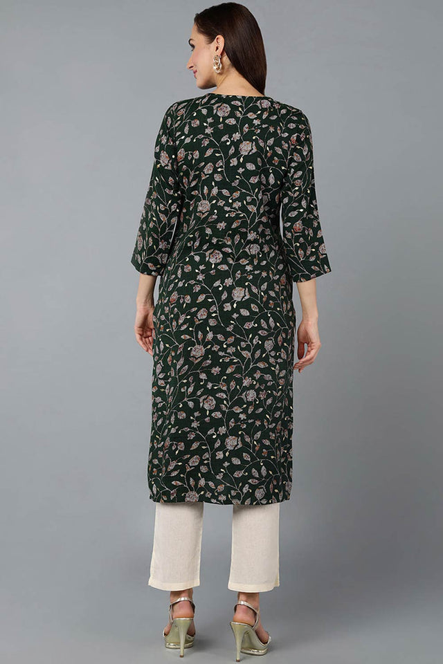 Green Silk Blend Floral Straight Kurti