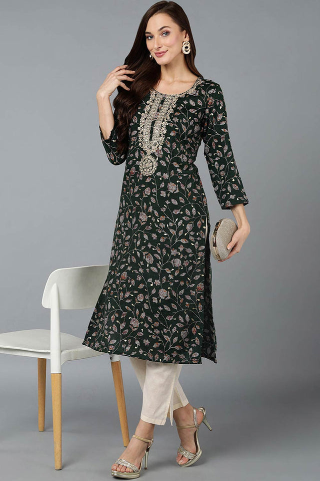 Green Silk Blend Floral Straight Kurti