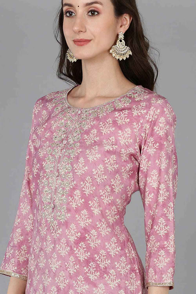 Pink Silk Blend Embroidered Round Neck Kurti