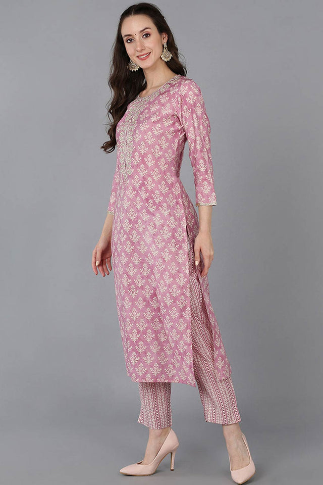 Pink Silk Blend Embroidered Round Neck Kurti