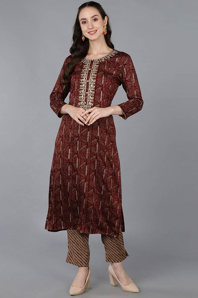 Red Silk Blend Embroidered Round Neck Kurti