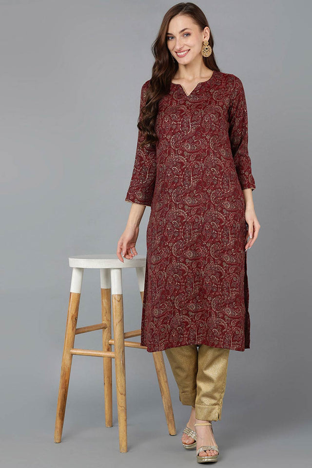 Red Silk Blend Embroidered Round Neck Kurti